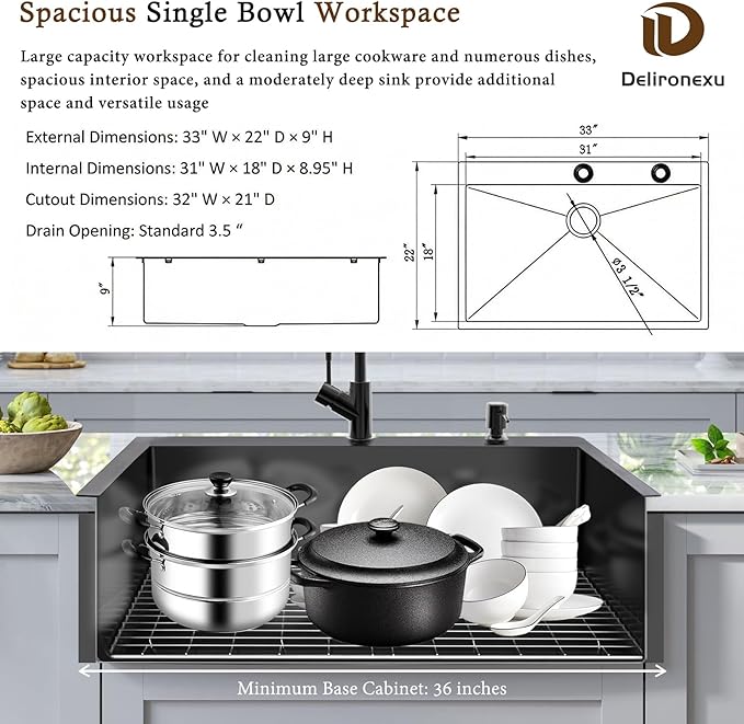 33x22 Black Drop In Kitchen Sink, Delironexu 16 Gauge 304 Black Stainless Steel Top Mount Kitchen Sink, 33 Inch Single Bowl Black Kitchen Sink with Accessories