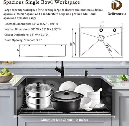 33x22 Black Drop In Kitchen Sink, Delironexu 16 Gauge 304 Black Stainless Steel Top Mount Kitchen Sink, 33 Inch Single Bowl Black Kitchen Sink with Accessories