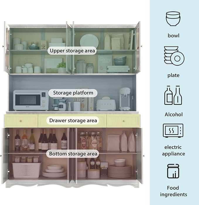 FUFU&GAGA 74.8" Tall Kitchen Pantry Cabinet with 5 Tiers Shelf, 8 Doors & 3 Drawers & Microwave Stand, Freestanding Hutch Cabinet with Buffet Cupboard for Kitchen, Dinningroom
