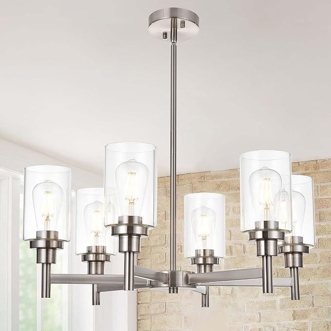 VINLUZ 6 Light Contemporary Chandelier Brushed Nickel Modern Pendant Lighting Cylinder Clear Glass Shaded Classic Ceiling Light Fixtures for Living Room Dining Room Kitchen