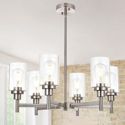 VINLUZ 6 Light Contemporary Chandelier Brushed Nickel Modern Pendant Lighting Cylinder Clear Glass Shaded Classic Ceiling Light Fixtures for Living Room Dining Room Kitchen