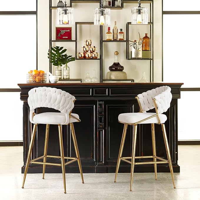 25.2" Velvet Counter Stool with Gold Accents, Ergonomic Plush Seat for Kitchen Island Bar