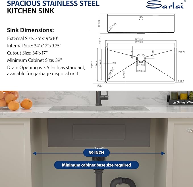 Sarlai 36 Matte Black Undermount Kitchen Sink - 36x19 Inch Black Kitchen Sink Workstation with Ledge NANO-Tech Stainless Steel Single Bowl Round Corner 16 Gauge Sinks Basin