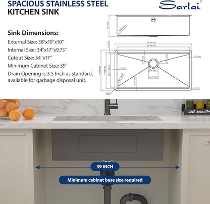 Sarlai 36 Matte Black Undermount Kitchen Sink - 36x19 Inch Black Kitchen Sink Workstation with Ledge NANO-Tech Stainless Steel Single Bowl Round Corner 16 Gauge Sinks Basin