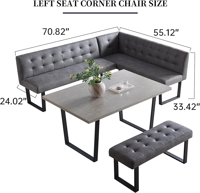 HIPIHOM 3 Piece Dining Table Set with Bench, 42.9 Inch Modern Kitchen Table with Left Seat Corner and 43.3 Inch Bench for Family Dining Room Furniture