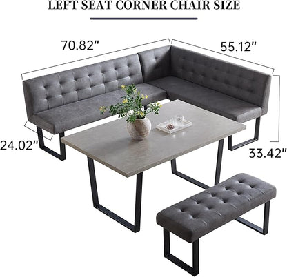 HIPIHOM 3 Piece Dining Table Set with Bench, 42.9 Inch Modern Kitchen Table with Left Seat Corner and 43.3 Inch Bench for Family Dining Room Furniture