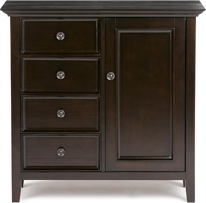 SIMPLIHOME Amherst 37-inch Wide Solid Wood Transitional-Style Storage Cabinet in Hickory Brown, Cabinet with 4 Drawers and Adjustable Shelves for Living Room or Entryway