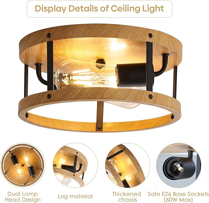 2-Pack Wood Finish Ceiling Light, Round Drum Close to Ceiling Light with Black Metal, Easy Assembled,11Inch Industrial Farmhouse Ceiling Lamp for Hallway Laundry Bedroom Balcony