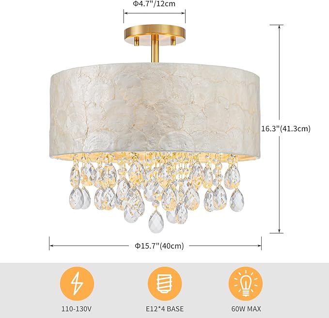 LumFurn 4-Light Drum Capiz Shell Crystal Chandeliers, Coastal Design Semi-Flushmount Ceiling Light Fixture for Dining Room, Bedroom, D16xH16 inch, Shell Lampshade & Gold Finish