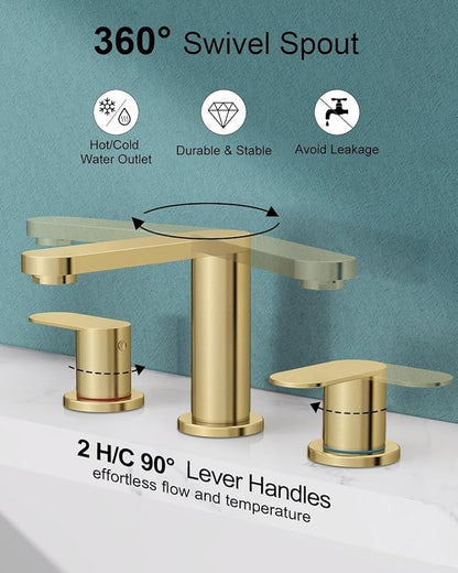 BWE 2 Pack Brushed Gold Bathroom Faucet 3 Hole, 8 Inch Widespread Gold Bathroom Faucets with Pop-up Drain and Supply Lines, 360° Swivel Spout 2-Handle Sink Faucet for Bath Vanity