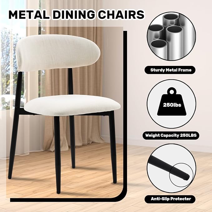 UVV Dining Chairs Set of 2, Metal Kitchen Chairs with Modern Fabric Upholstered for Dining Room, Beige