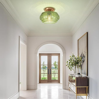 Semi Flush Mount Ceiling Light, Green Globe Glass Ceiling Light Fixture, Art Deco Kitchen Lighting fixtures Ceiling for Hallway Porch Corridor Bedroom, Bulb Not Included