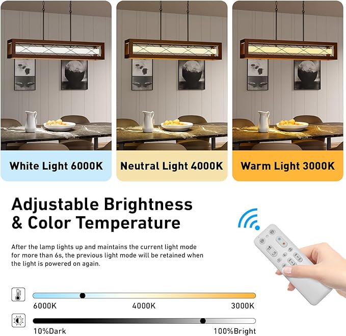 39.4" Farmhouse Dining Room Light Fixture Over Table, Rustic Wood Linear Chandeliers for Dining Room, 34W LED Dimmable Kitchen Island Lighting, Hanging Rectangular Pendant Light with Remote