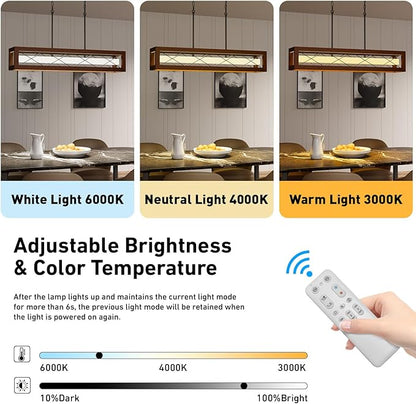 39.4" Farmhouse Dining Room Light Fixture Over Table, Rustic Wood Linear Chandeliers for Dining Room, 34W LED Dimmable Kitchen Island Lighting, Hanging Rectangular Pendant Light with Remote