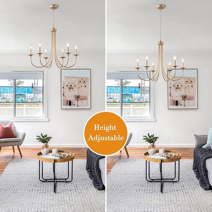 ALISADABOY Gold Farmhouse Chandelier Modern Candlestick Dining Chandelier Light Fixture Industrial 6 Light Pendant Lighting for Kitchen Living Room Bedroom Foyer Entrance Hallway Entryway