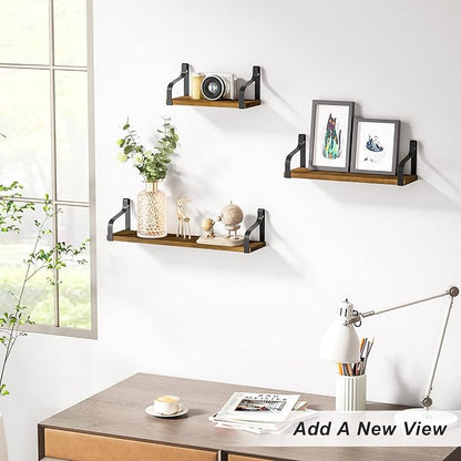 Love-KANKEI Floating Storage Wall Shelves Mounted Set of 3, Rustic Wood for Bedroom, Living Room, Bathroom, Kitchen and More Light Walnut