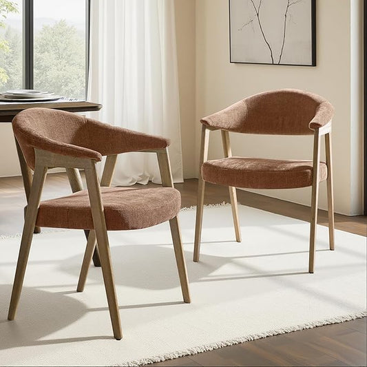HULALA HOME Dining Chairs Set of 2, Mid-Century Modern Upholstered Dining Room Chair with Armrest, Curved Backtrst & Solid Wood Legs, Kitchen Side Chairs for Resurant, Living Room - Rust