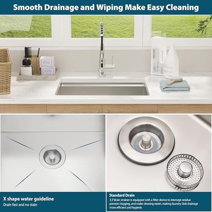 24 Laundry Sink Undermount - 24x18x12 Inch Laundry Utility Sink 12 Inch Extra Deep Single Bowl 16 Gauge Stainless Steel Kitchen Sinks Utility Room Sinks Workstation Basin