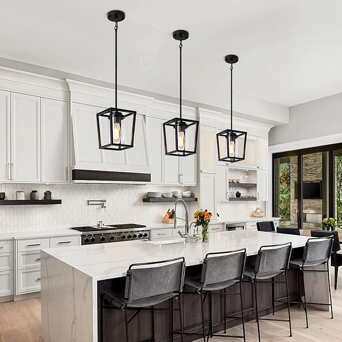 2 Pack Black Pendant Lights Kitchen Island, Farmhouse Pendant Light Fixtures with Glass Shade, Modern Kitchen Island Lighting Metal Cage Hanging Light for Hallway Entryway Dining Room Bathroom Foyer