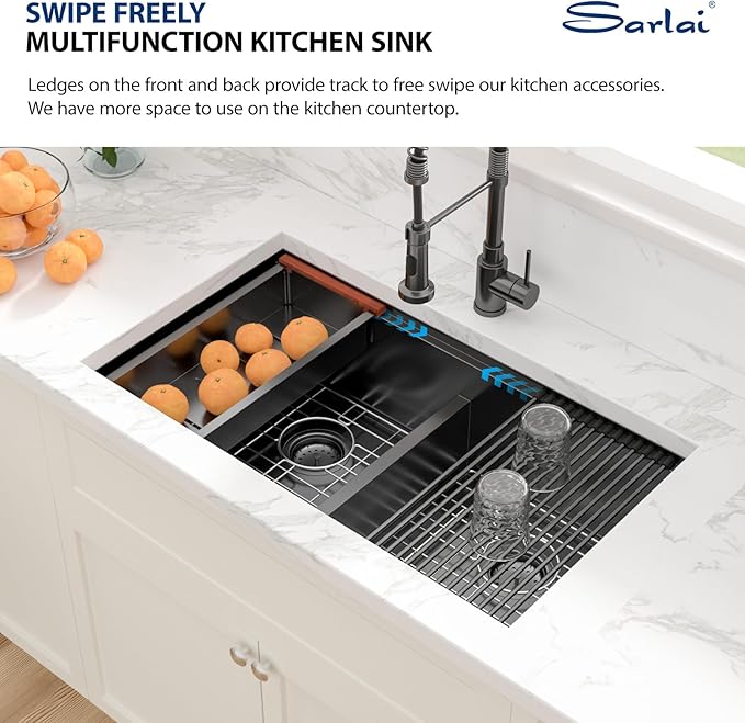 Sarlai 33 Inch Black Undermount Kitchen Sink Double Bowl 33 x 19 Inch Low Divided Gunmetal Black Workstation Double Kitchen Sink Stainless Steel 16 Gauge 50/50 Sinks Basin