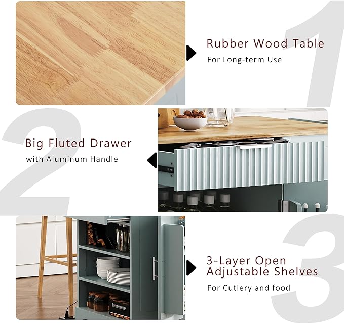Merax Fluted Kitchen Island with Trash Can Storage Cabinet, Power Outlet, Internal Storage Rack, Rolling Kitchen Storage Cart on 5 Wheels with 3 Drawer, 3 Open Side Racks, Gray