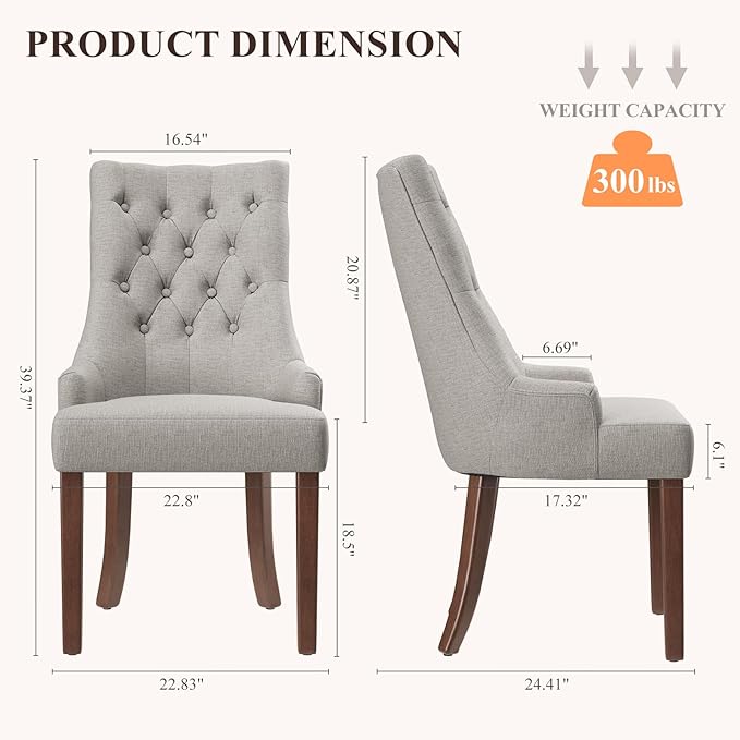 COLAMY Wingback Upholstered Dining Chairs Set of 2, Fabric Side Dining Room Chairs with Tufted Button, Living Room Chairs for Home Kitchen- Light Grey