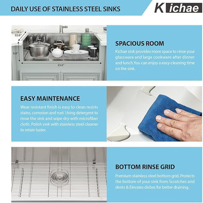 Kichae 33 Inch Drop in Kitchen Sink - 33x19 Drop Sink 16 Gauge Stainless Steel Sink Ledge Workstation Single Bowl Topmount Overmount Kitchen Sink Handmade Basin