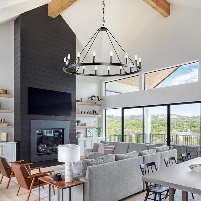 Black Wagon Wheel Chandelier Farmhouse: 16-Light 43 Inch Large Chandeliers for High Ceilings, Round Matte Black Chandelier for Dinning Room, Kitchen Island, Living Room, Foyer, Entryway