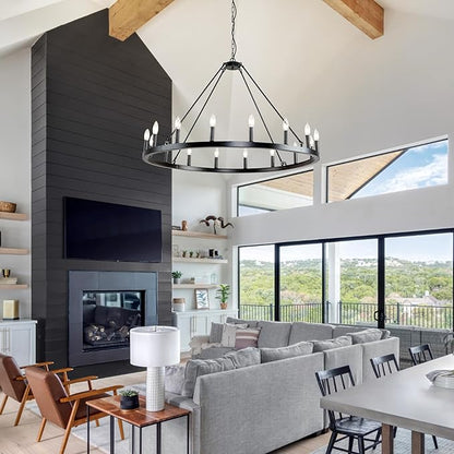 Black Wagon Wheel Chandelier Farmhouse: 16-Light 43 Inch Large Chandeliers for High Ceilings, Round Matte Black Chandelier for Dinning Room, Kitchen Island, Living Room, Foyer, Entryway