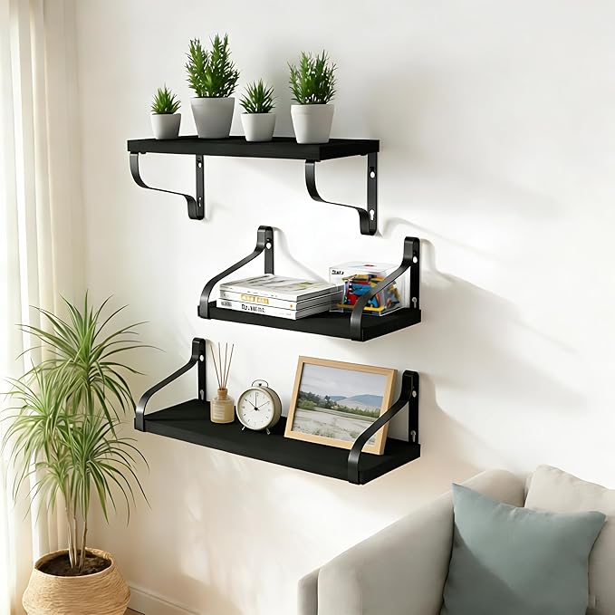 Love-KANKEI Floating Shelves Wall Mounted Set of 3, Large Wood Wall Shelves for Storage, Rustic Shelves for Display Bathroom,Bedroom,Living Room,Kitchen,Office and More Black