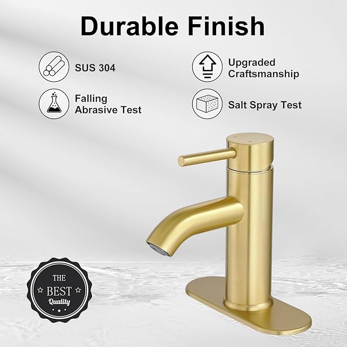 Brushed Gold Bathroom Faucets, Modern Single Hole Lavatory Vanity Faucet, Single Handle Bathroom Sink,Faucet, Faucet for Bathroom Sink with Deck Plate and Supply Hoses