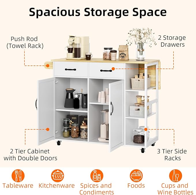 IDEALHOUSE Rolling Kitchen Island Cart with Drop Leaf, Kitchen Storage Cabinet On Wheels with 2 Drawers, 3 Open Spice Racks and Towel Rack,White