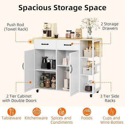 IDEALHOUSE Rolling Kitchen Island Cart with Drop Leaf, Kitchen Storage Cabinet On Wheels with 2 Drawers, 3 Open Spice Racks and Towel Rack,White