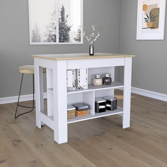 Kitchen Island Kitchen Table 35" H Four Legs with 3 Open Storage Shelves Wide Top for Meal Prep Spacious Leg Room Practical(Natural White)