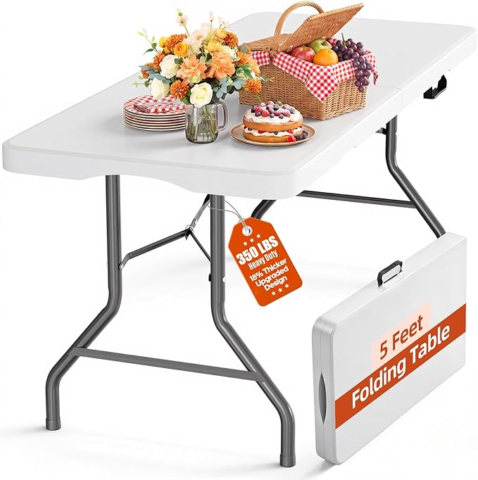 5ft Folding Table Heavy Duty 350 LBS Capacity Foldable Table with 18% Thicker HDPE Waterproof Top & Reinforced Steel Frame, Portable Fold-in-Half Table for Outdoor Indoor Party Wedding Camping