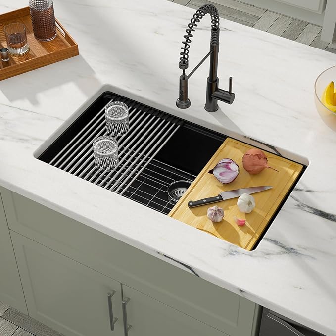 Dcolora Matte Black Quartz Kitchen Sink 33” Undermount Single Bowl, Workstation Design with Accessories, Durable Heat & Scratch Resistant Granite Sink #DC-GU7743
