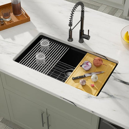 Dcolora Matte Black Quartz Kitchen Sink 33” Undermount Single Bowl, Workstation Design with Accessories, Durable Heat & Scratch Resistant Granite Sink #DC-GU7743