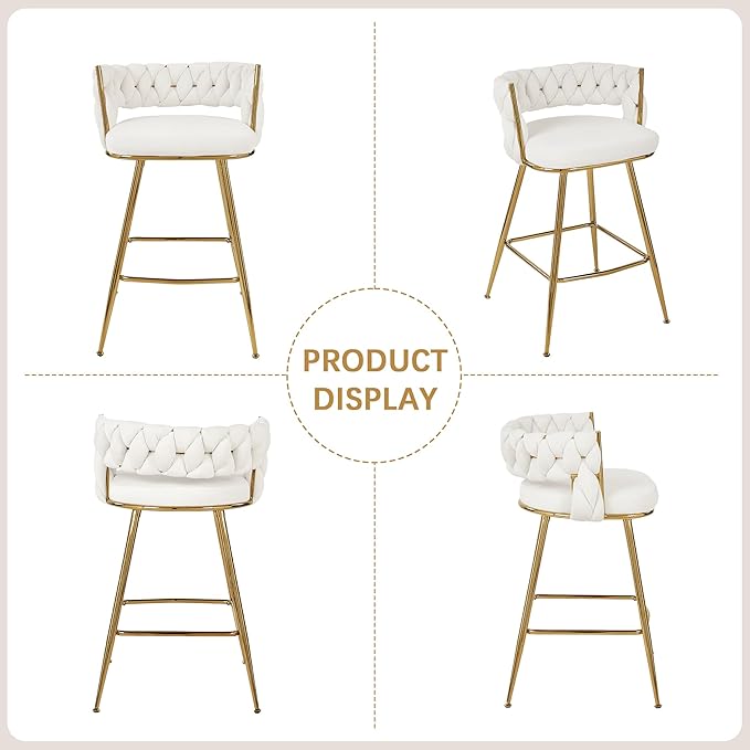 VECELO Bar Stools Set of 2, Counter Height Bar Stools, 26 inch Seat Barstools with Woven Back and Footrest for Kitchen Island Counter, White