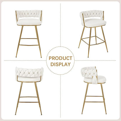 VECELO Bar Stools Set of 4, Counter Height Bar Stools, 26 inch Seat Barstools with Woven Back and Footrest for Kitchen Island Counter, White