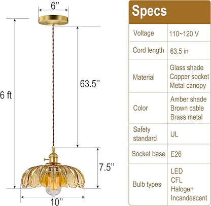 Pendant Light Fixture, Hanging Light Fixture, Glass Shade Pendant Light with Rotary Switch, Modern Lamp for Kitchen Island, Bedroom, Dining Room, Living Room (Amber Lotus, Hard-Wired)