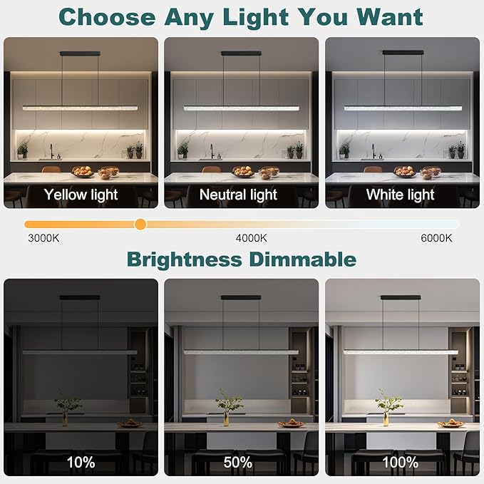 Modern LED Linear Pendant Light, 47” Dimmable Chandelier with APP & Remote Control, Ice-Crack Acrylic, Adjustable Height, 3000K–6000K Kitchen Island Lighting for Dining Room & Office – Black