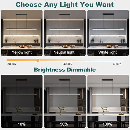 Modern LED Linear Pendant Light, 47” Dimmable Chandelier with APP & Remote Control, Ice-Crack Acrylic, Adjustable Height, 3000K–6000K Kitchen Island Lighting for Dining Room & Office – Black