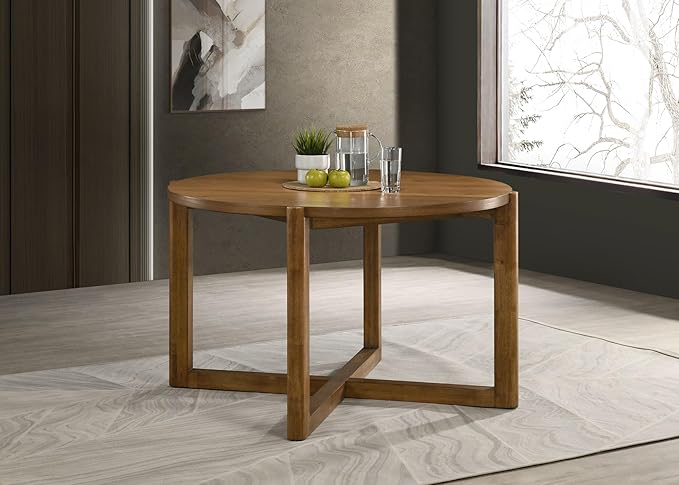 Round Dining Table Mid-Century Modern Wood Table with Cross Sled Base Sturdy Kitchen Dining Table Practical