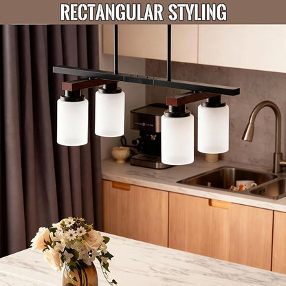 4-Light Kitchen Island Lighting & Farmhouse Dining Room Light Fixtures Over Table, Rustic Wood Linear Chandelier Adjustable Ceiling Hanging Pendant - Rotating Design, Customizable Shapes, Milk Glass