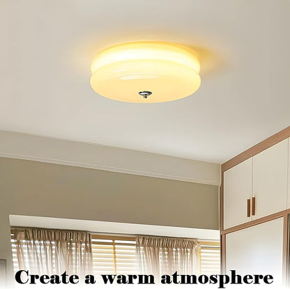 Bofea-Modern Minimalism Semi Flush Ceiling Light, Round Milk Yellow Glass LED Ceiling Light, Nordic Flush Mount Ceiling Light Fixture Decorate for Bedroom Corridor &Kitchen Island