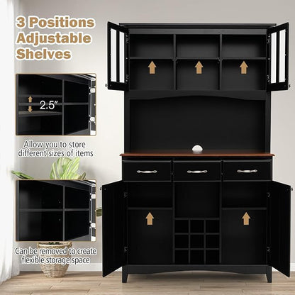 LOKO Kitchen Hutch Storage Cabinet, Sideboard Buffet Kitchen Cupboard with 4 Doors, 3 Drawers, 5 Adjustable Shelves and 9 Wine Grids, 44 x 17 x 72.5 inches (Black)