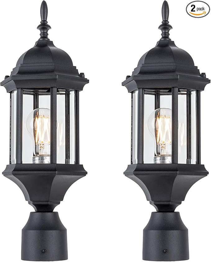 LIT-PaTH Outdoor Post Lighting Fixture Pole Lantern, E26 Medium Base Max 60W, Aluminum Housing Plus Glass, 2-Pack, Black Finish