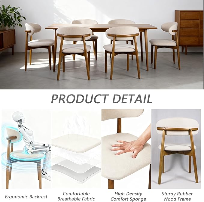 Modern Upholstered Dining Chairs, Beige Fabric Seat with Wooden Legs, Contemporary Kitchen Side Chairs, Set of 2