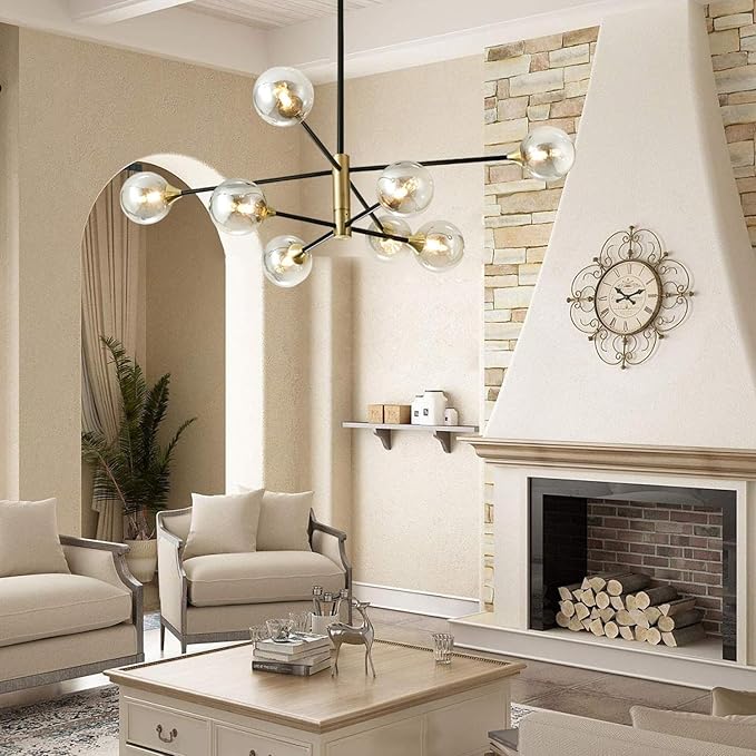 BOKT Black Gold Chandelier Pendant Light Mid Century Modern Sputnik Chandelier Light Fixture Globe Flush Mount Ceiling Light Amber Glass Ball Chandelier Kitchen Island Lighting