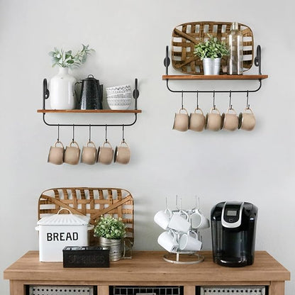 Olakee Floating Wall Shelves for Kitchen Bathroom Coffee Nook with 10 Adjustable Hooks for Coffee Mugs, Coffee Bar Organizer and Decor, Rustic Storage Shelves Set of 2